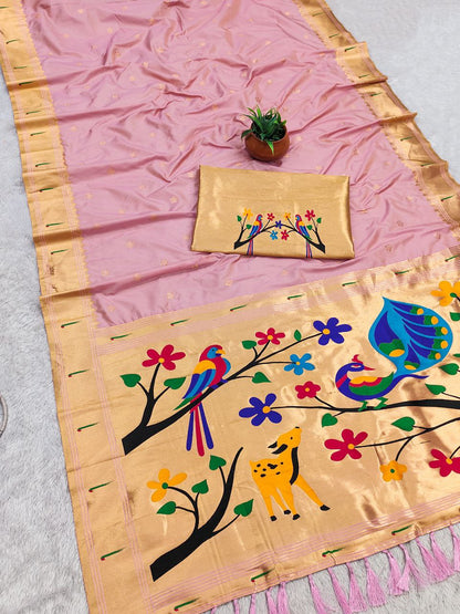 Mameraa Sarees Baby Pink Faux Banarasi Silk Saree With Paithani Rich Weaved Pallu And Blouse-Baby_Pink