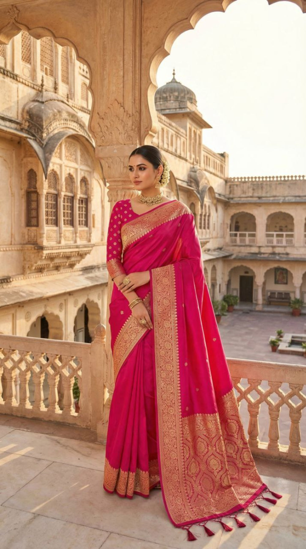 Mameraa Sarees Pink Soft Banarasi Silk Fabric Saree With Natural Zari Weaving In Gala Border-Pink