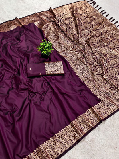 Mameraa Sarees Wine Soft Banarasi Silk Fabric Saree With Natural Zari Weaving In Gala Border-Wine