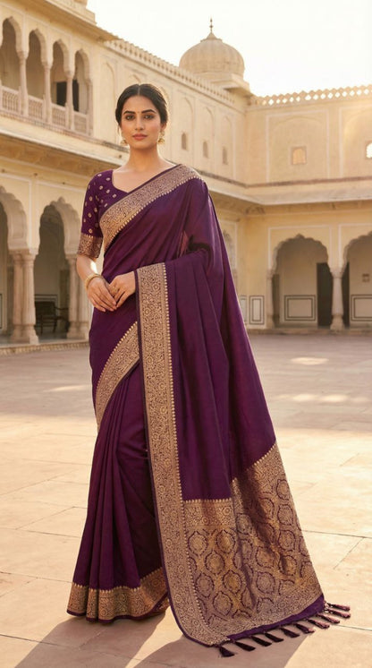 Mameraa Sarees Wine Soft Banarasi Silk Fabric Saree With Natural Zari Weaving In Gala Border-Wine