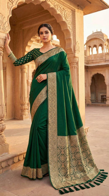 Mameraa Sarees Green Soft Banarasi Silk Fabric Saree With Natural Zari Weaving In Gala Border-Green