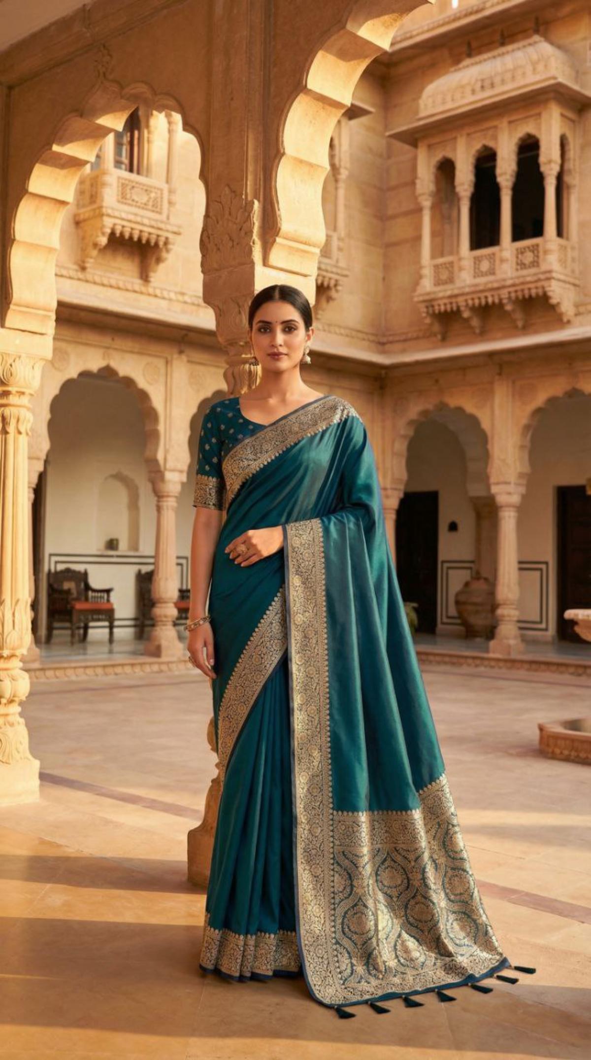 Mameraa Sarees Teal Soft Banarasi Silk Fabric Saree With Natural Zari Weaving In Gala Border-Teal