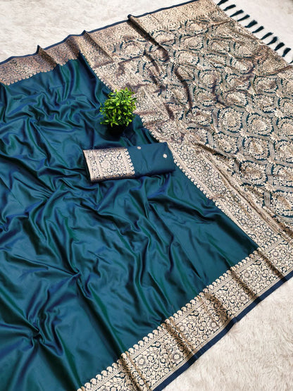 Mameraa Sarees Teal Soft Banarasi Silk Fabric Saree With Natural Zari Weaving In Gala Border-Teal