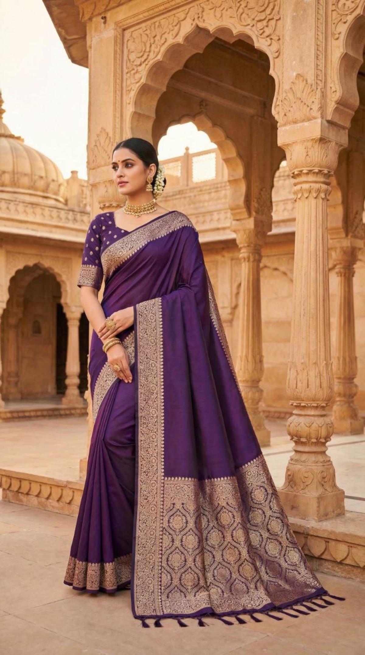 Mameraa Sarees Purple Soft Banarasi Silk Fabric Saree With Natural Zari Weaving In Gala Border-Purple