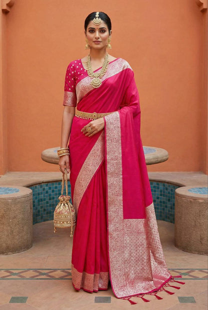 Mameraa Sarees Pink Soft Banarasi Silk Fabric Saree With Natural Zari Weaving In Gala Border-Pink