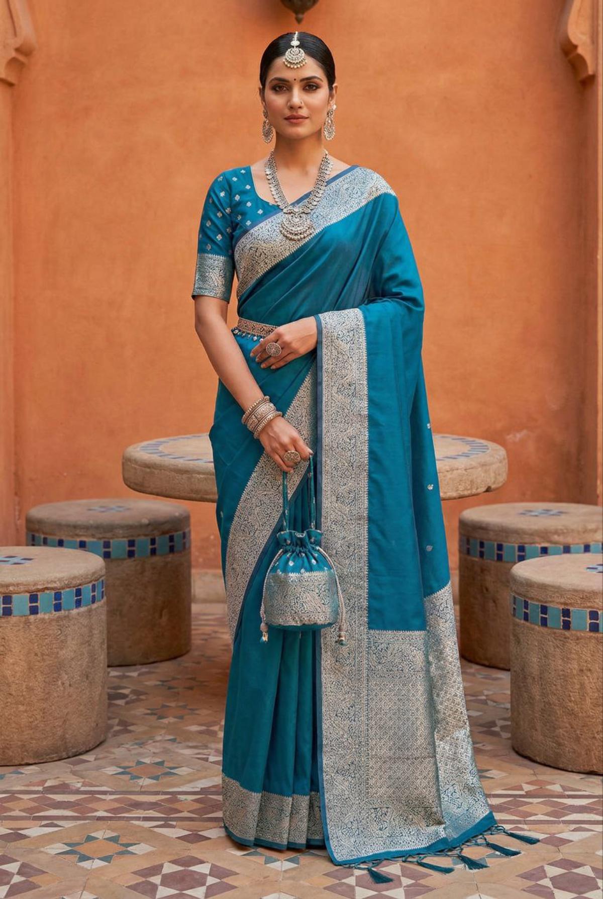 Mameraa Sarees Teal Soft Banarasi Silk Fabric Saree With Natural Zari Weaving In Gala Border-Teal
