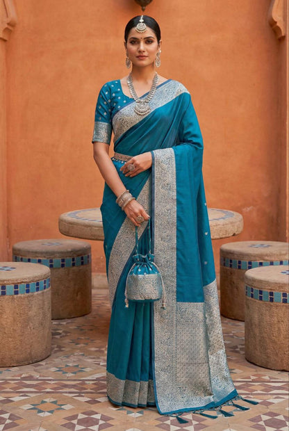 Mameraa Sarees Teal Soft Banarasi Silk Fabric Saree With Natural Zari Weaving In Gala Border-Teal