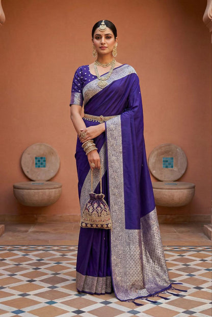 Mameraa Sarees Violet Soft Banarasi Silk Fabric Saree With Natural Zari Weaving In Gala Border-Violet