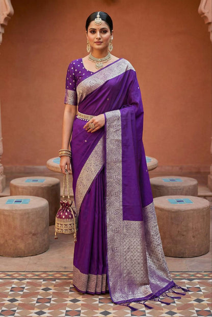 Mameraa Sarees Purple Soft Banarasi Silk Fabric Saree With Natural Zari Weaving In Gala Border-Purple