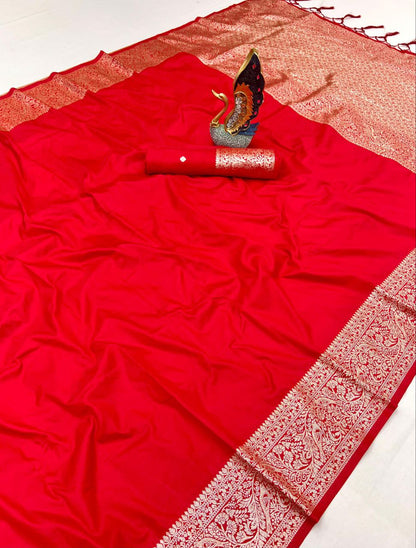 Mameraa Sarees Red Soft Banarasi Silk Fabric Saree With Natural Zari Weaving In Gala Border-Red