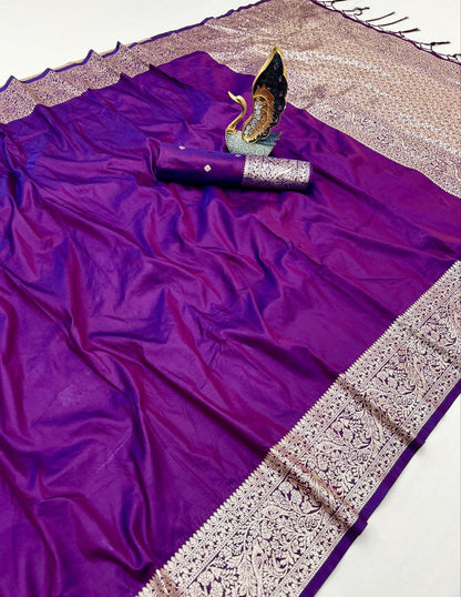 Mameraa Sarees Purple Soft Banarasi Silk Fabric Saree With Natural Zari Weaving In Gala Border-Purple