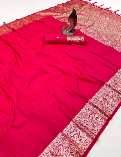 Mameraa Sarees Pink Soft Banarasi Silk Fabric Saree With Natural Zari Weaving In Gala Border-Pink