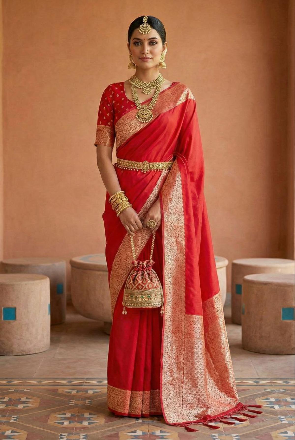 Mameraa Sarees Red Soft Banarasi Silk Fabric Saree With Natural Zari Weaving In Gala Border-Red