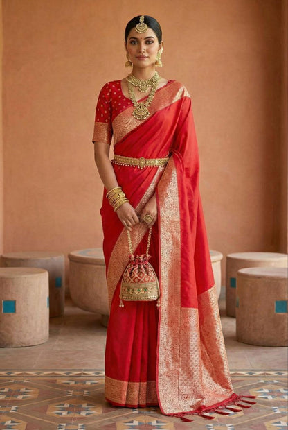 Mameraa Sarees Red Soft Banarasi Silk Fabric Saree With Natural Zari Weaving In Gala Border-Red