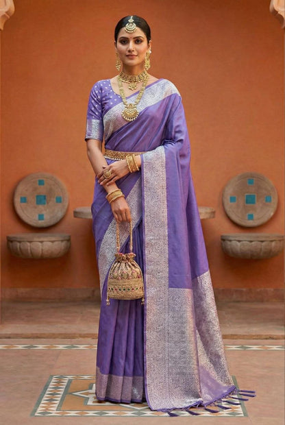 Mameraa Sarees Lavender Soft Banarasi Silk Fabric Saree With Natural Zari Weaving In Gala Border-Lavender