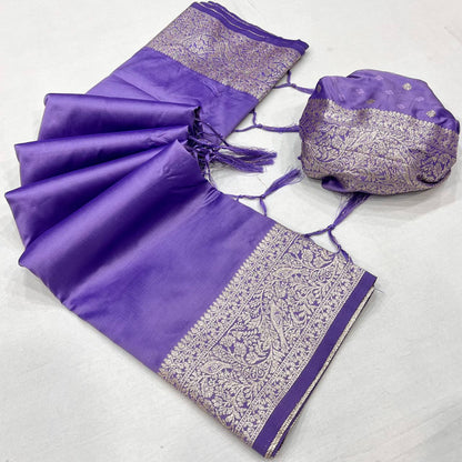Mameraa Sarees Lavender Soft Banarasi Silk Fabric Saree With Natural Zari Weaving In Gala Border-Lavender