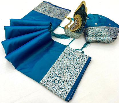 Mameraa Sarees Teal Soft Banarasi Silk Fabric Saree With Natural Zari Weaving In Gala Border-Teal