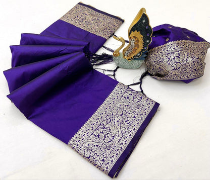 Mameraa Sarees Violet Soft Banarasi Silk Fabric Saree With Natural Zari Weaving In Gala Border-Violet
