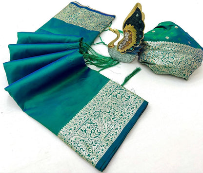 Mameraa Sarees Sea Green Soft Banarasi Silk Fabric Saree With Natural Zari Weaving In Gala Border-Sea_Green