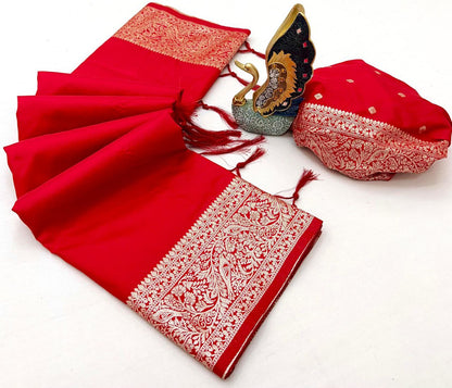 Mameraa Sarees Red Soft Banarasi Silk Fabric Saree With Natural Zari Weaving In Gala Border-Red