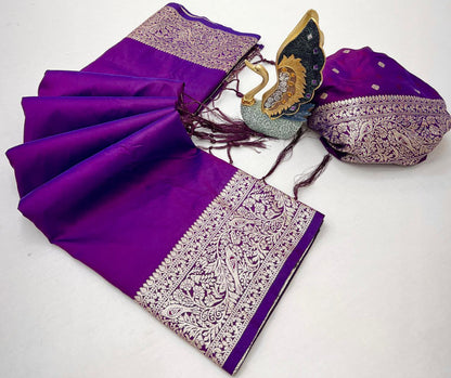 Mameraa Sarees Purple Soft Banarasi Silk Fabric Saree With Natural Zari Weaving In Gala Border-Purple