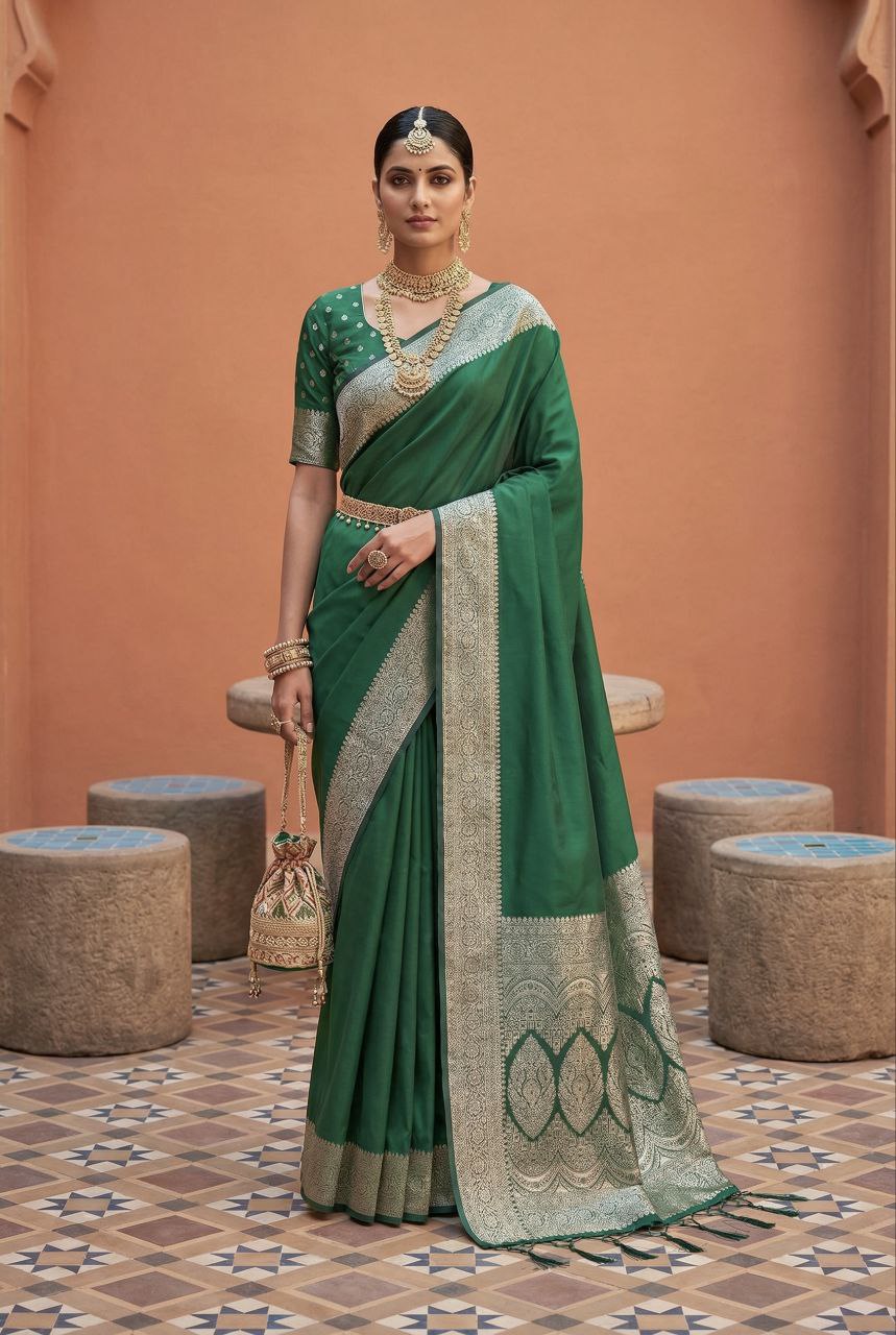 Mameraa Sarees Sea Green Soft Banarasi Silk Fabric Saree With Natural Zari Weaving In Gala Border-Sea_Green