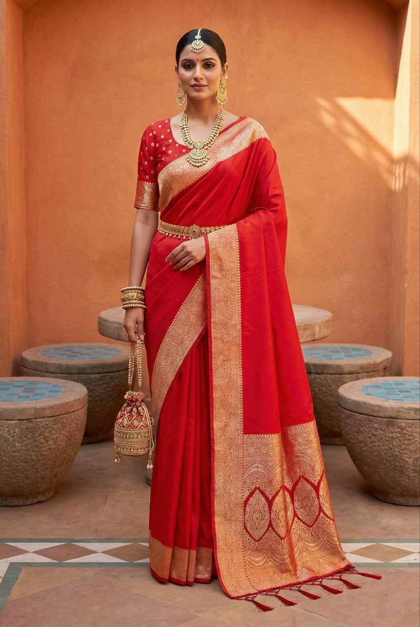 Mameraa Sarees Red Soft Banarasi Silk Fabric Saree With Natural Zari Weaving In Gala Border-Red