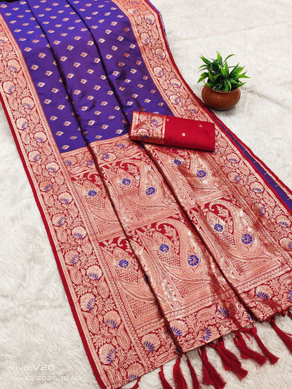 Mameraa Sarees Violet Soft Banarasi Silk Saree With Zari Weaving Meenakari Design-Violet