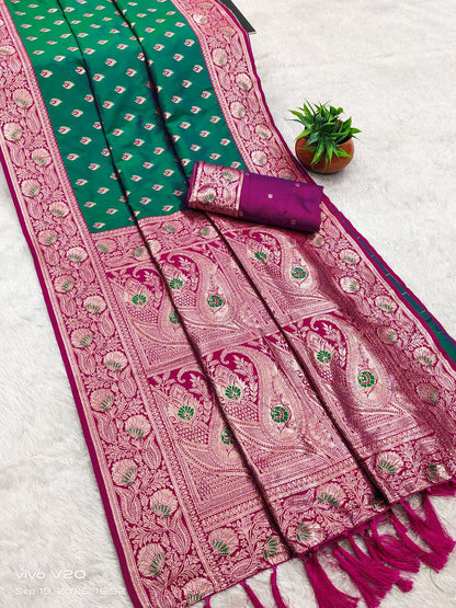Mameraa Sarees Sea Green Soft Banarasi Silk Saree With Zari Weaving Meenakari Design-Sea_Green