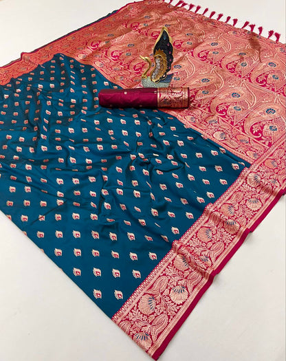 Mameraa Sarees Teal Blue Soft Banarasi Silk Saree With Zari Weaving Meenakari Design-Teal
