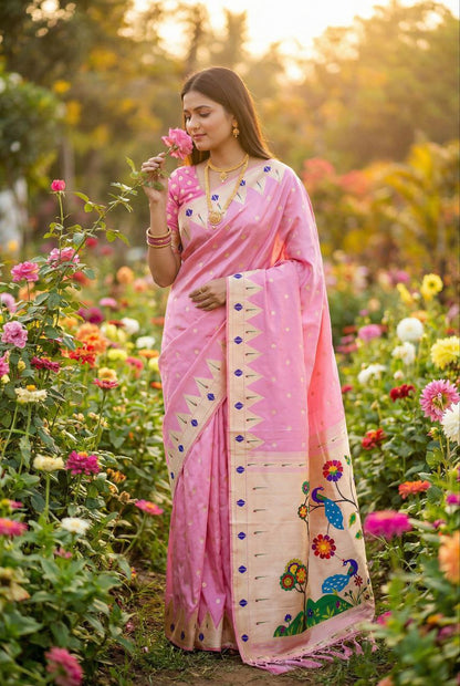 Mameraa Sarees Baby Pink Faux Banarasi Silk Saree With Paithani Rich Weaved Pallu And Blouse-Baby_Pink