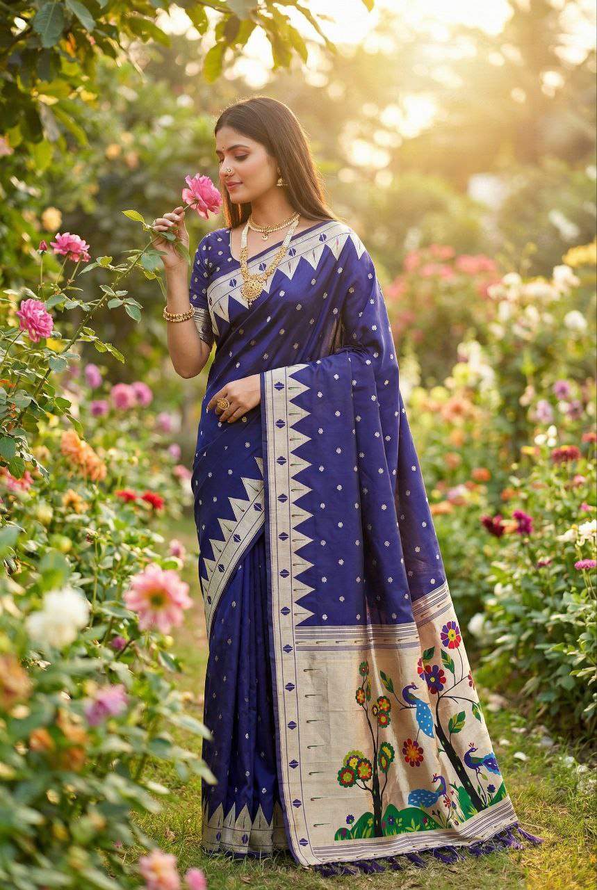 Mameraa Sarees Violet Faux Banarasi Silk Saree With Paithani Rich Weaved Pallu And Blouse-Violet