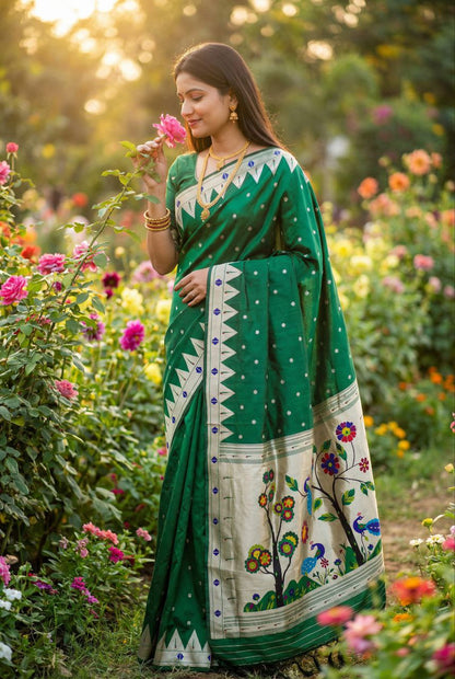 Mameraa Sarees Green Faux Banarasi Silk Saree With Paithani Rich Weaved Pallu And Blouse-Green