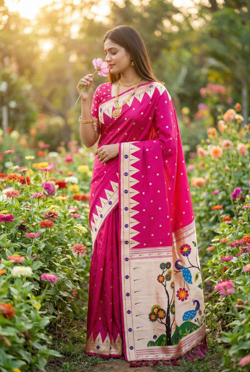 Mameraa Sarees Pink Faux Banarasi Silk Saree With Paithani Rich Weaved Pallu And Blouse-Pink