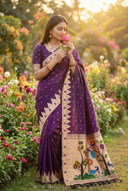 Mameraa Sarees Wine Faux Banarasi Silk Saree With Paithani Rich Weaved Pallu And Blouse-Wine