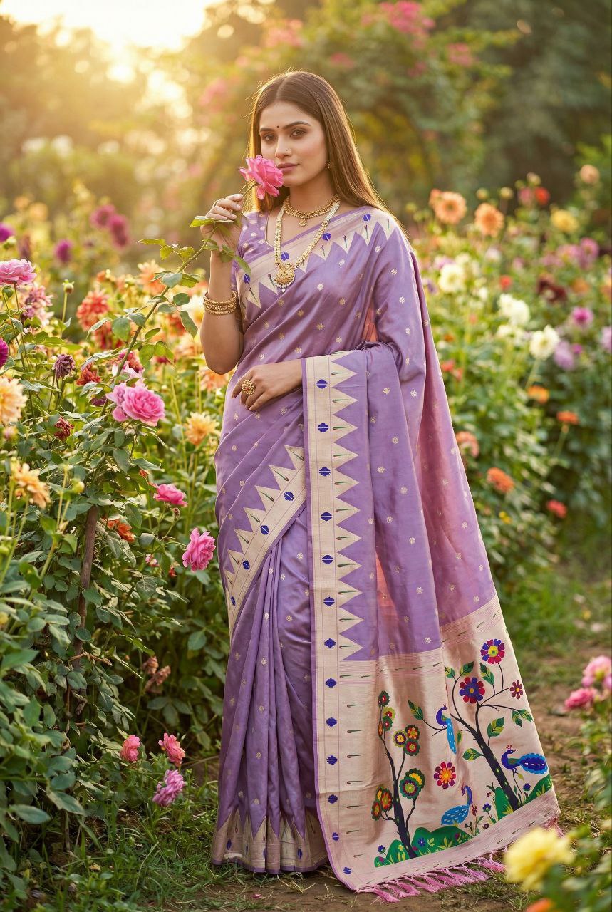 Mameraa Sarees Lavender Faux Banarasi Silk Saree With Paithani Rich Weaved Pallu And Blouse-Lavender