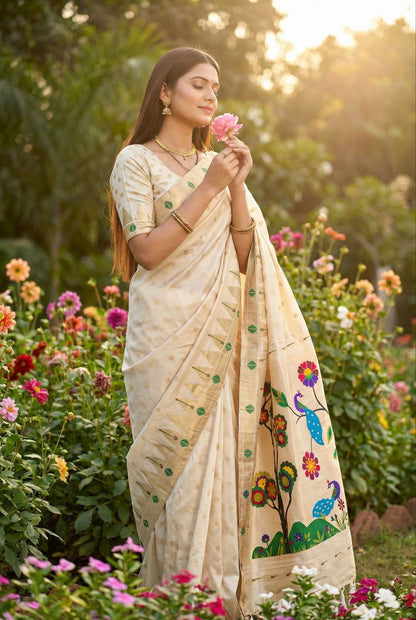 Mameraa Sarees Off White Faux Banarasi Silk Saree With Paithani Rich Weaved Pallu And Blouse-White