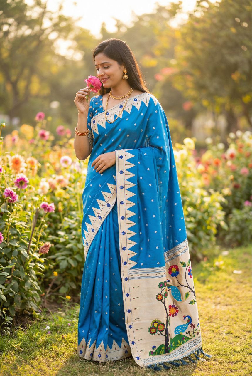 Mameraa Sarees Teal Blue Faux Banarasi Silk Saree With Paithani Rich Weaved Pallu And Blouse-Teal