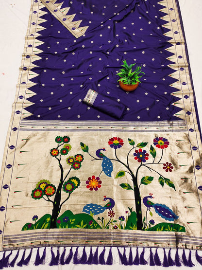 Mameraa Sarees Violet Faux Banarasi Silk Saree With Paithani Rich Weaved Pallu And Blouse-Violet