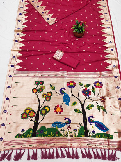 Mameraa Sarees Pink Faux Banarasi Silk Saree With Paithani Rich Weaved Pallu And Blouse-Pink