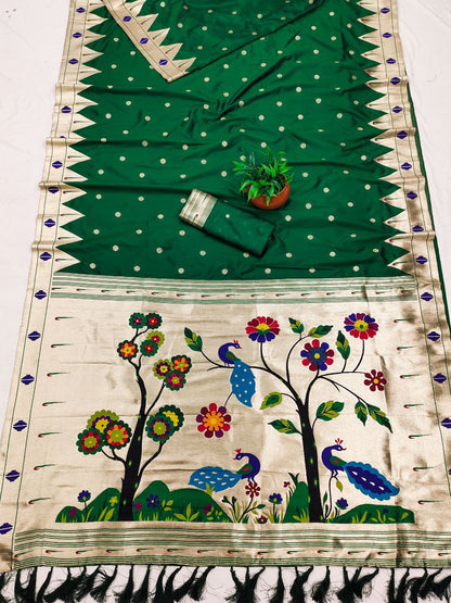Mameraa Sarees Green Faux Banarasi Silk Saree With Paithani Rich Weaved Pallu And Blouse-Green