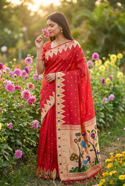 Mameraa Sarees Red Faux Banarasi Silk Saree With Paithani Rich Weaved Pallu And Blouse-Red