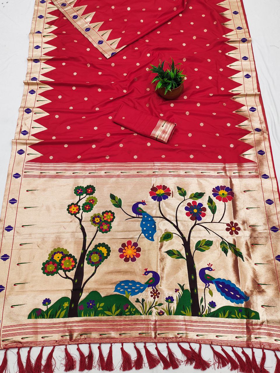 Mameraa Sarees Red Faux Banarasi Silk Saree With Paithani Rich Weaved Pallu And Blouse-Red