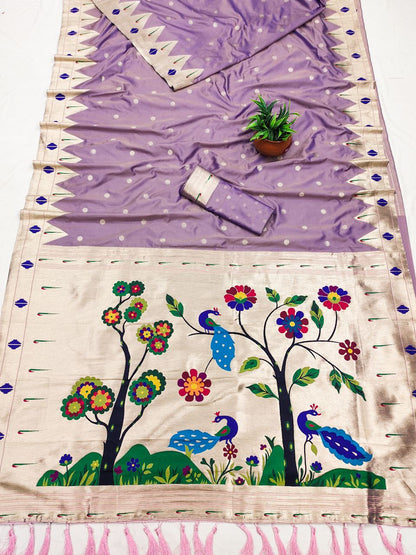 Mameraa Sarees Lavender Faux Banarasi Silk Saree With Paithani Rich Weaved Pallu And Blouse-Lavender