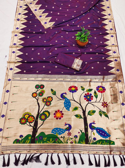 Mameraa Sarees Wine Faux Banarasi Silk Saree With Paithani Rich Weaved Pallu And Blouse-Wine