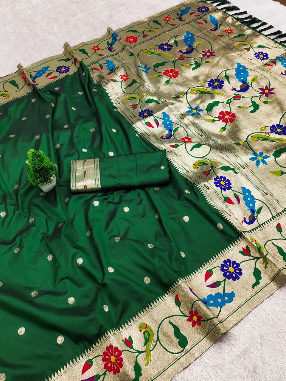 Mameraa Sarees Green Faux Banarasi Silk Saree With Paithani Rich Weaved Pallu And Blouse-Green