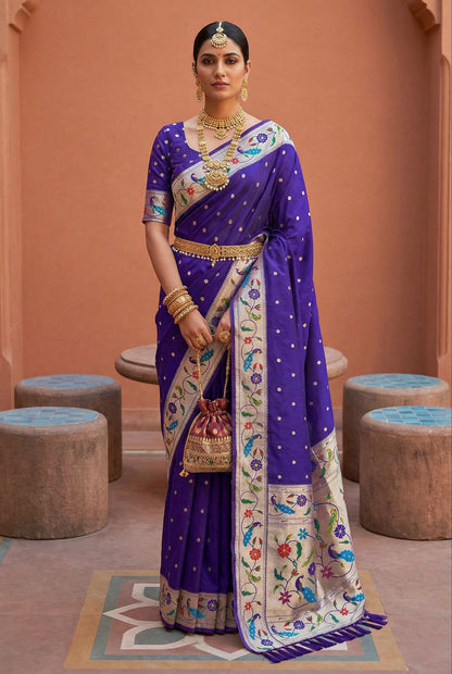 Mameraa Sarees Violet Faux Banarasi Silk Saree With Paithani Rich Weaved Pallu And Blouse-Violet
