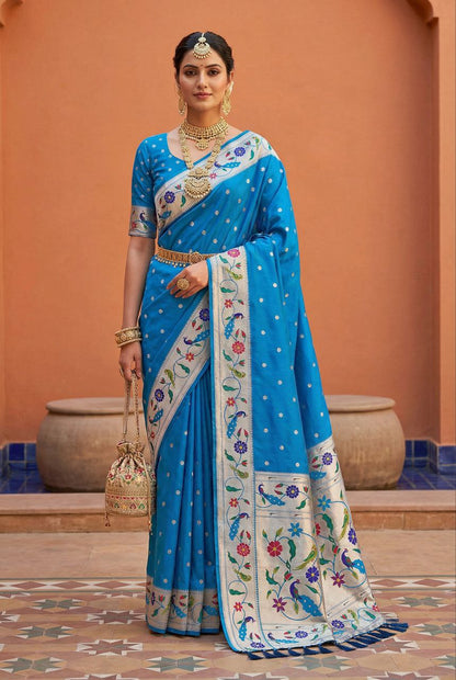 Mameraa Sarees Teal Blue Faux Banarasi Silk Saree With Paithani Rich Weaved Pallu And Blouse-Teal