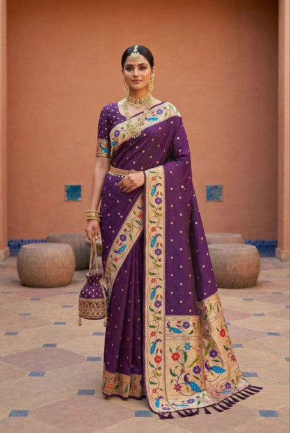 Mameraa Sarees Wine Faux Banarasi Silk Saree With Paithani Rich Weaved Pallu And Blouse-Wine