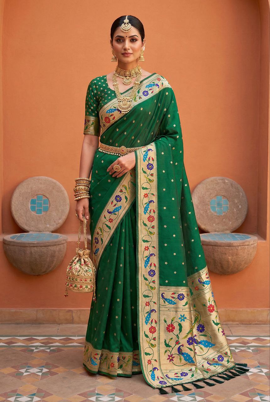Mameraa Sarees Green Faux Banarasi Silk Saree With Paithani Rich Weaved Pallu And Blouse-Green